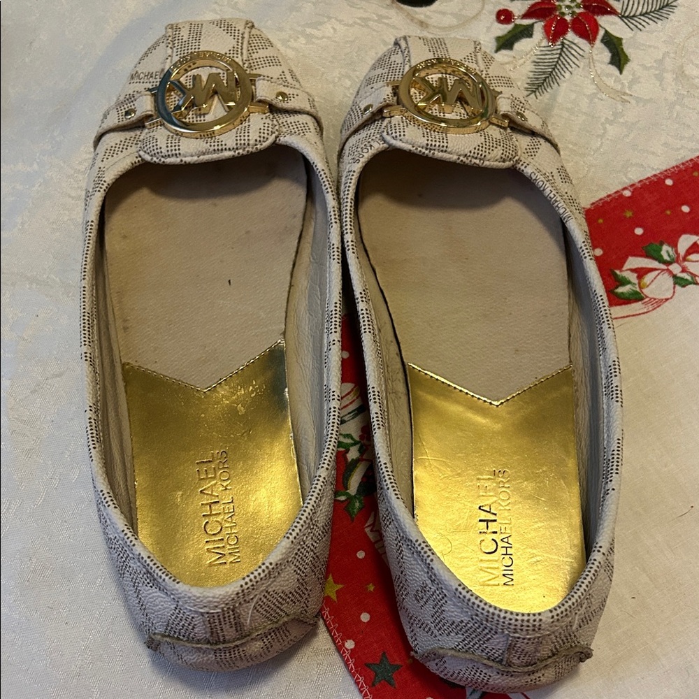 Michael Kors Beige Patterned Flats with Gold Accents